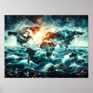 Doppelbelichtung von Weltkarte und Ozeanposter Poster