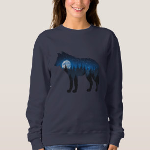 Doppelbelichtung Wolfssilhouette Mondlicht und Ste Sweatshirt