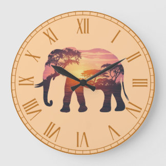 Doppelbelichtungs-Design mit Elefantensilhouette – Große Wanduhr