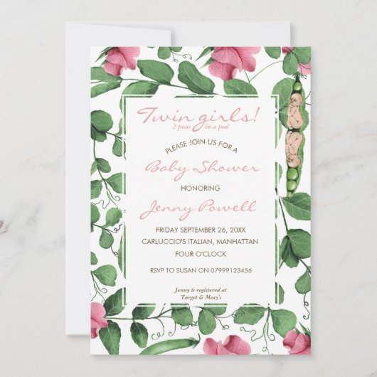 Doppelerbsen der mädchen-Babyparty zwei in einer Einladung (Vorderseite)
