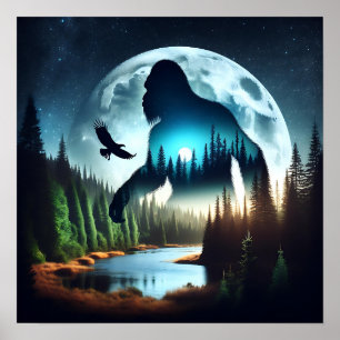 Doppelexposition Bigfoot, Adler und Vollmond Poster