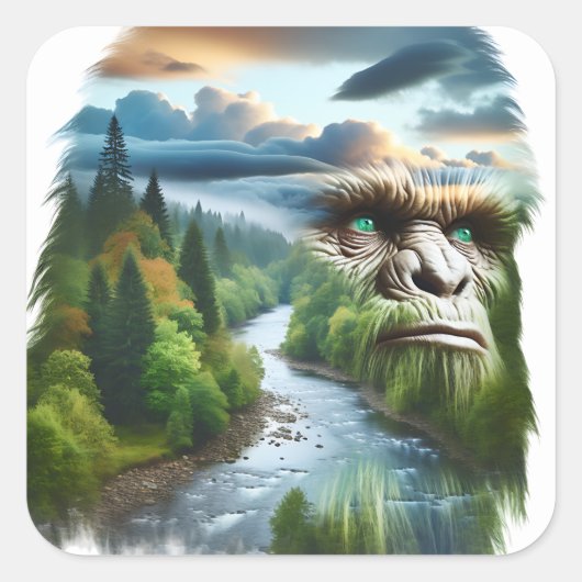 Doppelexposition Bigfoot in der Natur Quadratischer Aufkleber (Vorderseite)