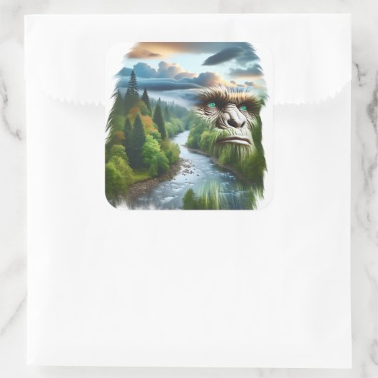 Doppelexposition Bigfoot in der Natur Quadratischer Aufkleber (Tasche)