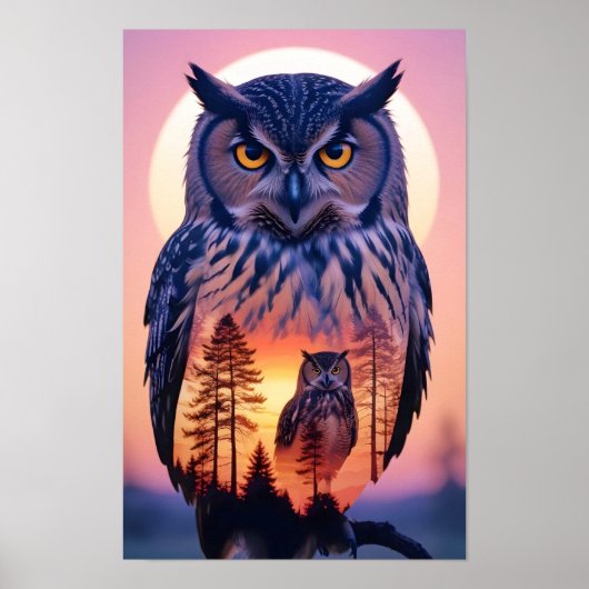 Doppelexposition von Owl Animal Nature Wilderness  Poster (Vorne)