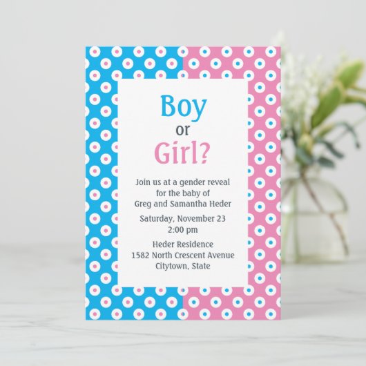Doppelfarbige oder weibliche Polka-Dot-Geschlechts Einladung (Stehend Vorderseite)