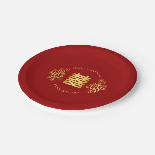 Doppelfröhlichkeit blumenchinesischen Hochzeit rot Pappteller (Schrägansicht)