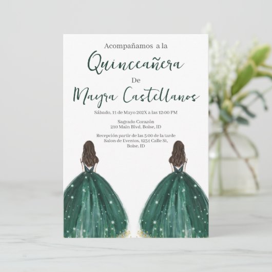 Doppelgrüne Silhouette - Quinceñera-Einladung Einladung (Stehend Vorderseite)