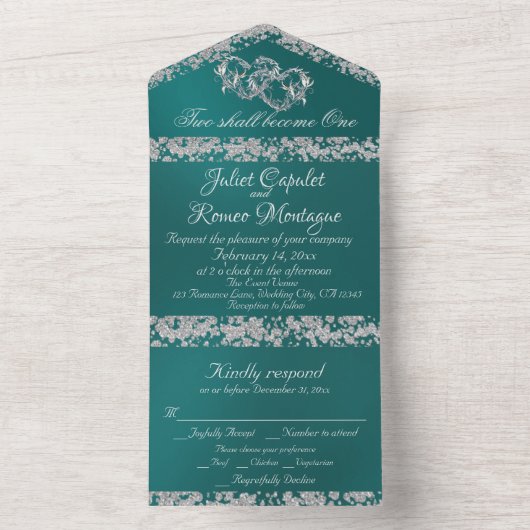 Doppelherzen und Glitzer - Aquamarin All In One Einladung (Innen Boden)