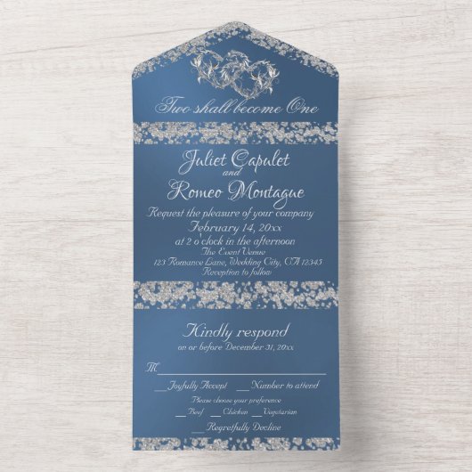 Doppelherzen und Glitzer - Blau All In One Einladung (Innen Boden)