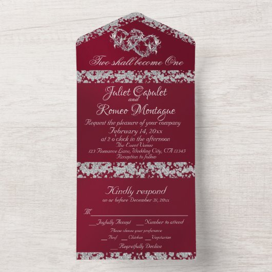 Doppelherzen und Glitzer - Burgund All In One Einladung (Innen Boden)