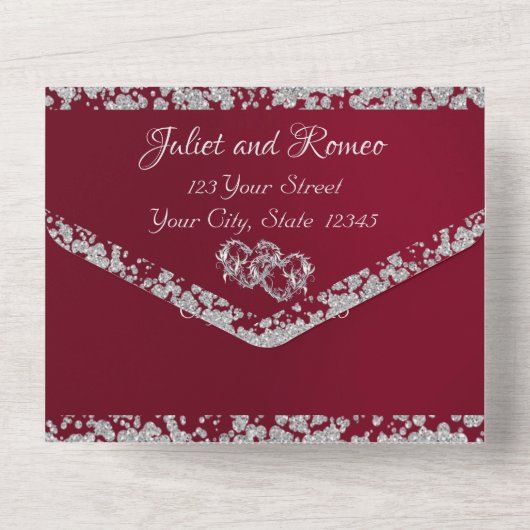 Doppelherzen und Glitzer - Burgund All In One Einladung (Rückseite)