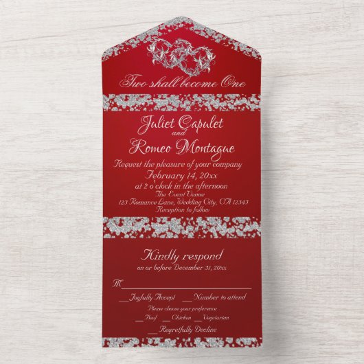 Doppelherzen und Glitzer - Crimson Red All In One Einladung (Innen Boden)