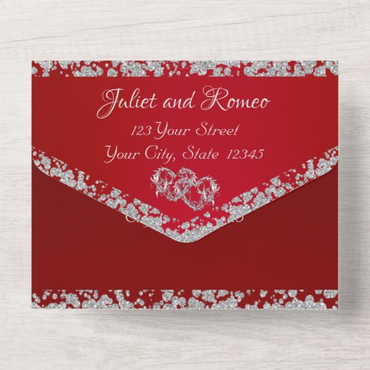 Doppelherzen und Glitzer - Crimson Red All In One Einladung (Rückseite)