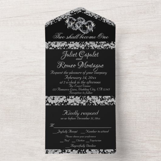 Doppelherzen und Glitzer - Schwarz All In One Einladung (Innen Boden)