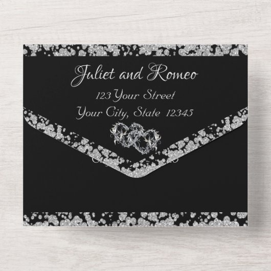 Doppelherzen und Glitzer - Schwarz All In One Einladung (Rückseite)