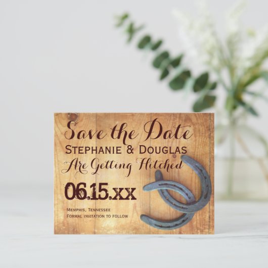 Doppelhorseshoe Rustikale Save the Date Postkarten (Stehend Vorderseite)