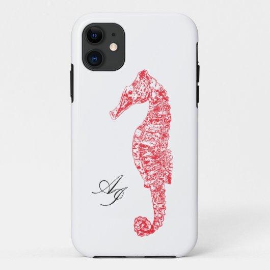 Doppelinitialen rotes Küstenwasserfarben-Seepferd Case-Mate iPhone Hülle (Rückseite)