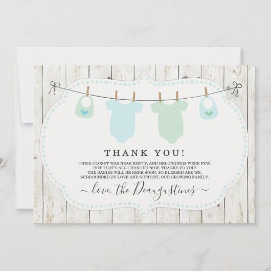 Doppeljungen-Babyparty danken Ihnen, - rustikales Dankeskarte (Vorderseite)