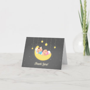 Doppeljungen und Mädchen auf Mond Baby-Dankeskarte Dankeskarte