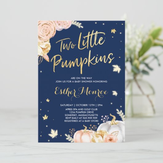 Doppelkürbis-Babyparty-Einladungs-Rosa und Gold Einladung (Stehend Vorderseite)