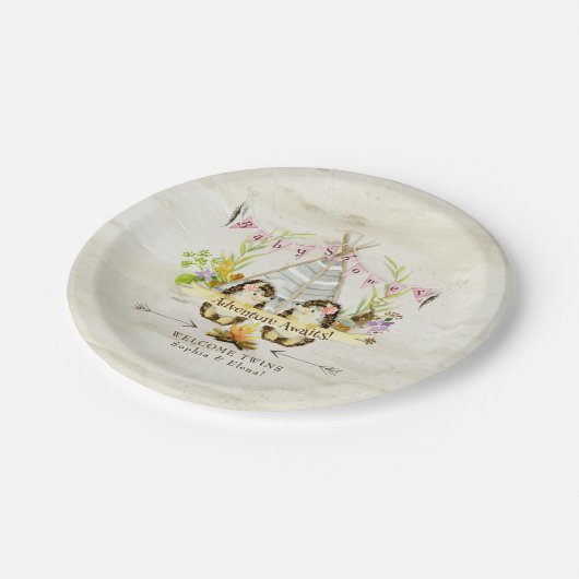 Doppelmädchen-Baby-Duschen-Igels-Birken-Barke BOHO Pappteller (Schrägansicht)