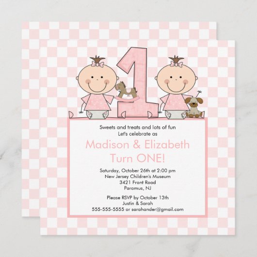 Doppelmädchen-Strichmännchen paart Einladung (Vorne/Hinten)