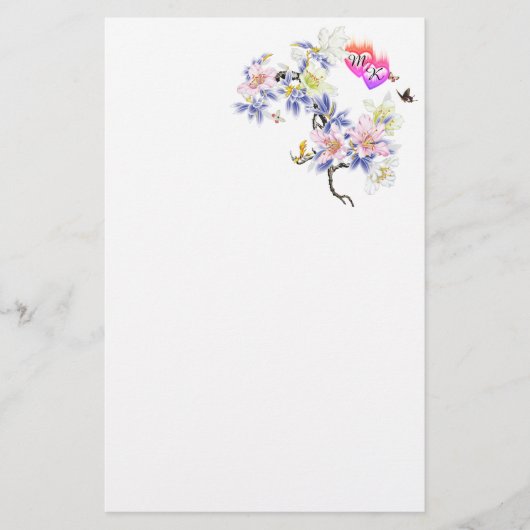 Doppelmonogramm Flammende Herzen mit Blumen Briefpapier (Vorderseite)