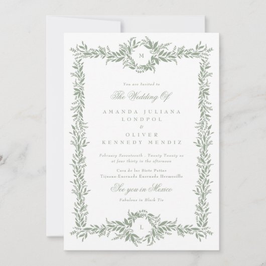 Doppelmonogramm-Salbei-Botanische Rahmenhochzeit Einladung (Vorderseite)