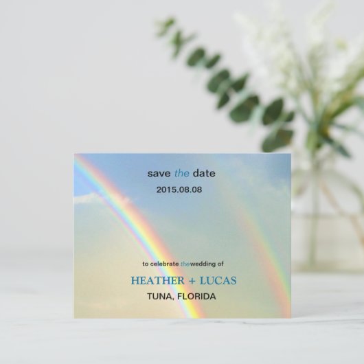 Doppelreainbow Save the Date Postkarte (Stehend Vorderseite)