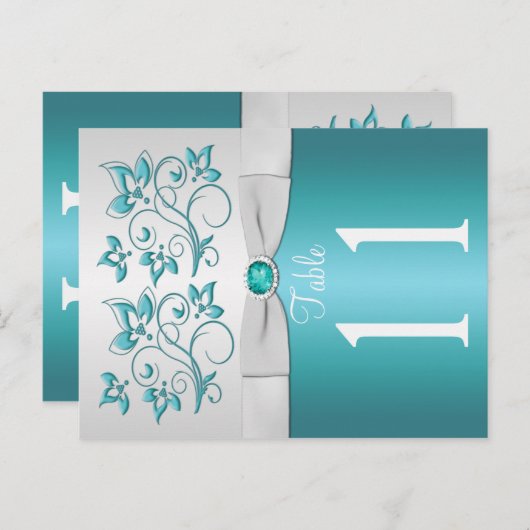 Doppelseitige Aqua-Tischnummer und silberne Blüten Postkarte (Vorne/Hinten)