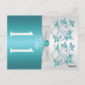 Doppelseitige Aqua-Tischnummer und silberne Blüten Postkarte (Rückseite)