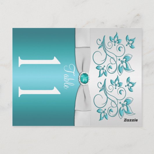 Doppelseitige Aqua-Tischnummer und silberne Blüten Postkarte (Rückseite)