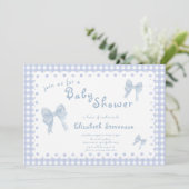 Doppelseitige blaue Gingham-Baby-Einladung Einladung (Stehend Vorderseite)
