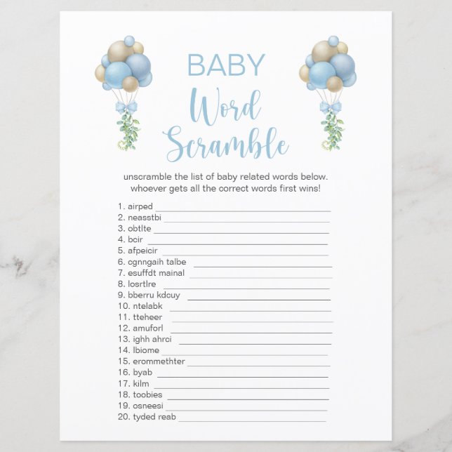 Doppelseitige Blue Balloons Baby Shower Game Card (Vorderseite)