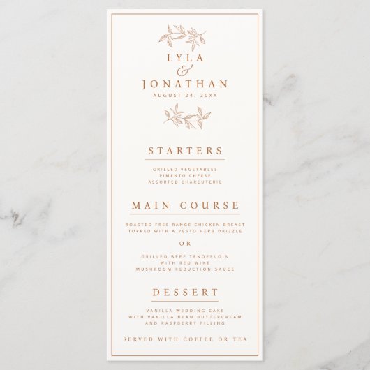 Doppelseitige Elfenbein & Terracotta Hochzeit/Aben Menükarte (Vorderseite)