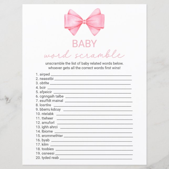 Doppelseitige Pink Bow Baby Shower Game Card (Vorderseite)