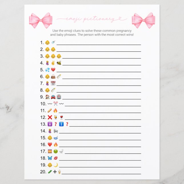 Doppelseitige Pink Bow Emoji Baby Shower Game Card (Vorderseite)