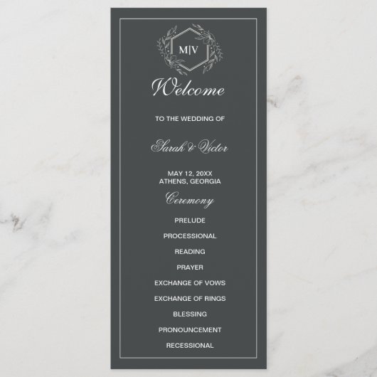 Doppelseitige Programmkarte Charcoal Gray Monogram Programm (Vorderseite)