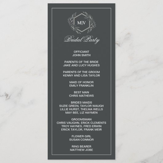 Doppelseitige Programmkarte Charcoal Gray Monogram Programm (Rückseite)