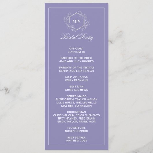 Doppelseitige Programmkarte des Lavendels Monogram Programm (Rückseite)