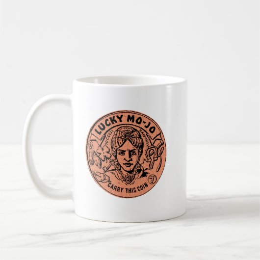 Doppelseitige Viel Glück-Münze auf einer soliden T Kaffeetasse (Links)