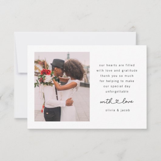 Doppelseitiges Herz-Script-Foto Hochzeit Dankeskarte (Vorderseite)