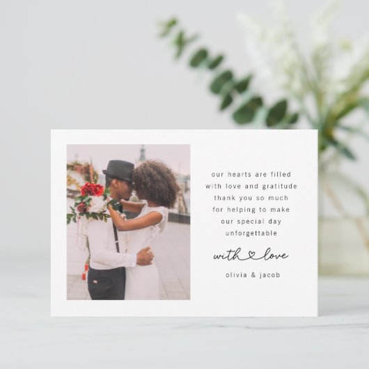 Doppelseitiges Herz-Script-Foto Hochzeit Dankeskarte (Stehend Vorderseite)