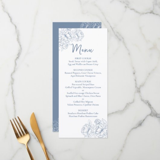 Doppelseitiges Periwinkle Boho Floral Wedding Drin Menükarte (Vorderseite/Rückseite Beispiel)