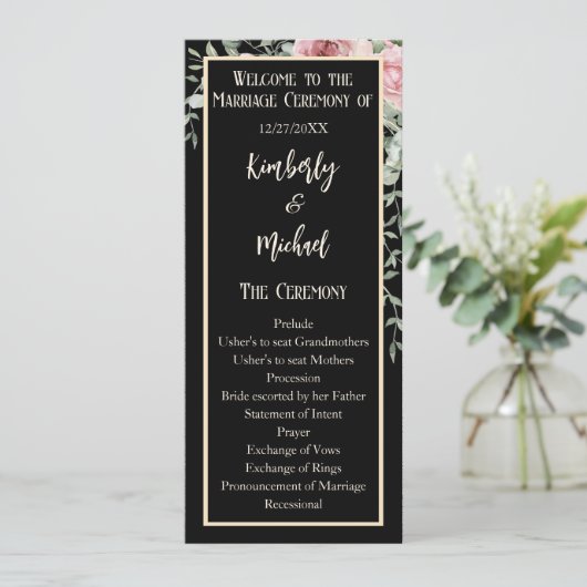Doppelseitiges Schwarz-Rosa-Boho-Hochzeitsprogramm Programm (Stehend Vorderseite)