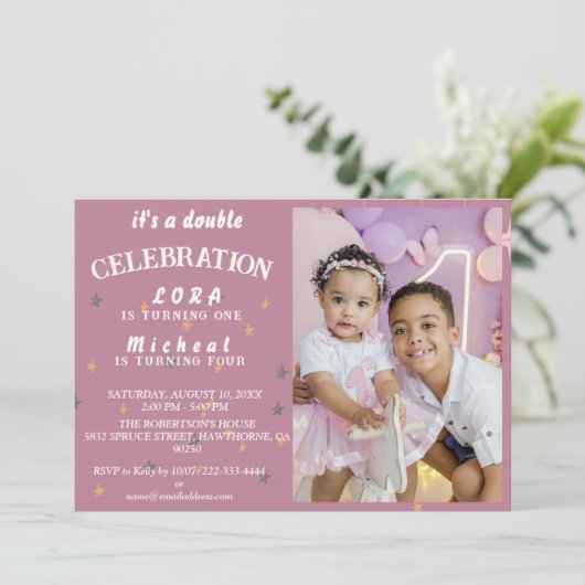 Doppelte den Spaß! Joint Sibling Birthday Bash Einladung (Stehend Vorderseite)