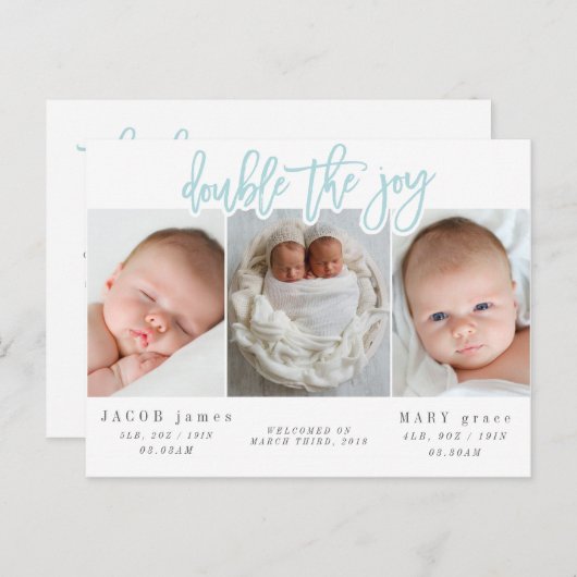 Doppelte der fröhlichen doppelten Geburtsankündigu Postkarte (Vorne/Hinten)