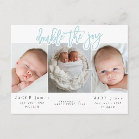 Doppelte der fröhlichen doppelten Geburtsankündigu Postkarte (Vorderseite)