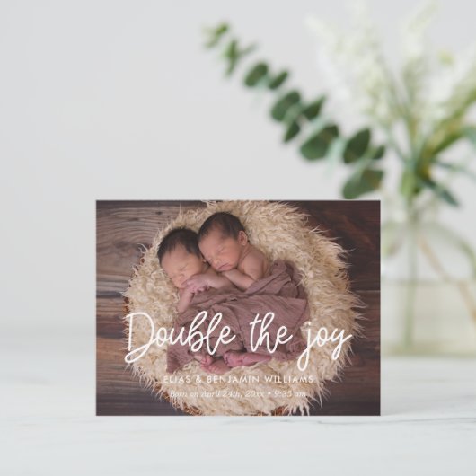 Doppelte der fröhlichen Zwillingsankündigung Postkarte (Stehend Vorderseite)