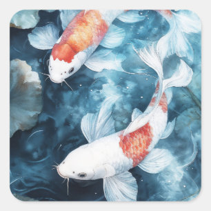Doppelte Eleganz der Spiegelungen von Koi und Lotu Quadratischer Aufkleber